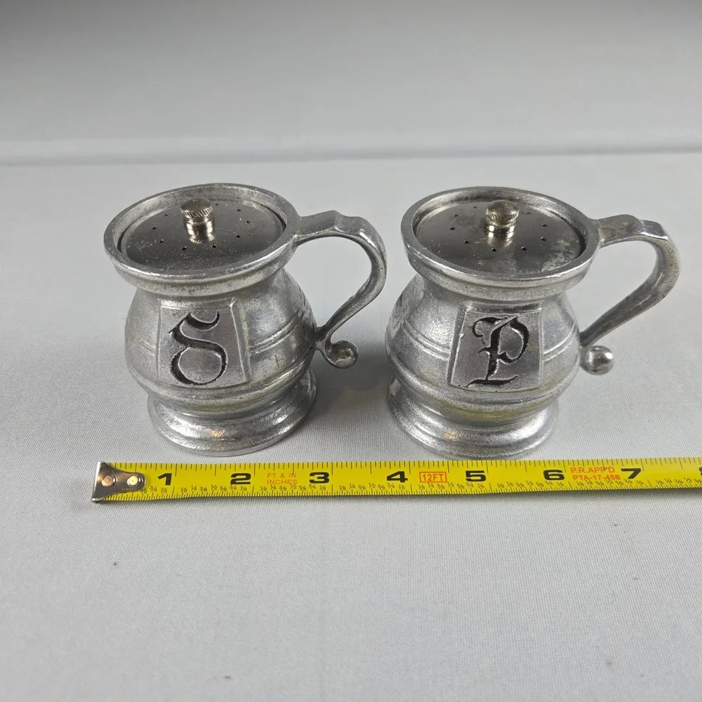 Vintage Wilton Armetale Pewter Salt & Pepper Shakers Mug Shape Monogram S P